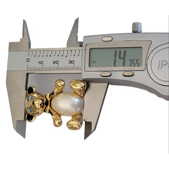 Carolee Gold-Tone Blue Rhinestone, Faux Pearl Belly Bear Brooch Pin, Signed M780 - Picture 8 of 9